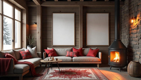 Rustic cabin living room interior mockup with fireplace and sofasの写真素材