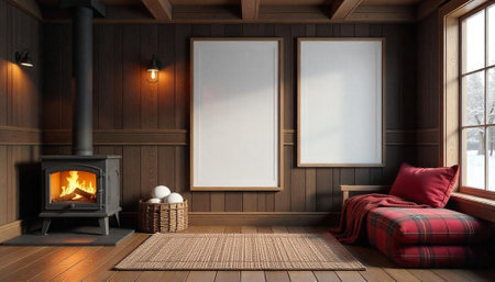 Cozy cabin interior with fireplace and blank picture framesの写真素材