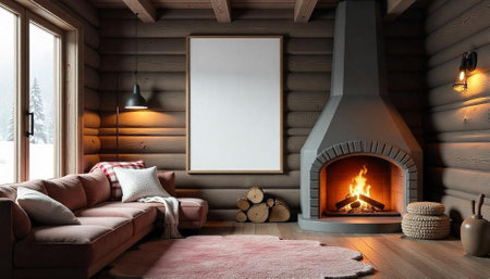 Cozy cabin interior with fireplace and blank canvasの写真素材