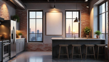 Modern loft kitchen with brick walls and city viewの写真素材