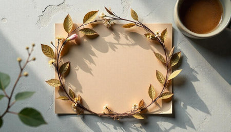 Botanical wreath on paper with coffee cup still lifeの写真素材