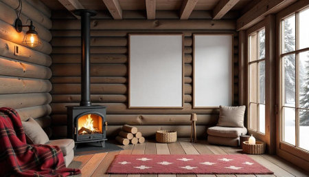 Cozy log cabin interior with fireplace and winter viewの写真素材