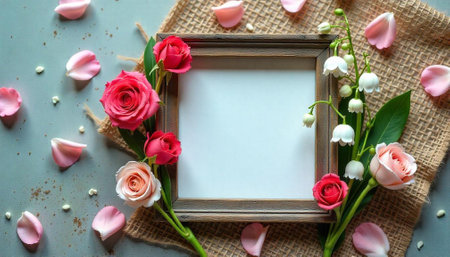 Floral frame with roses and lily of the valley flowersの写真素材