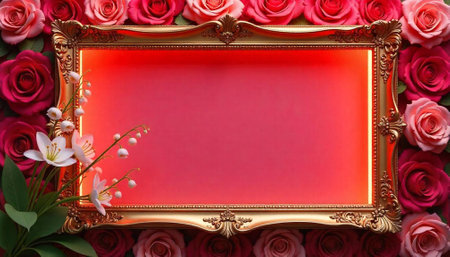 Ornate gold frame surrounded by roses, floral presentation backdropの写真素材