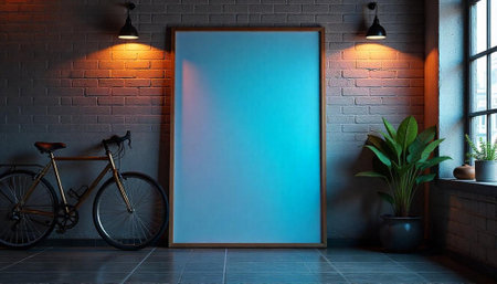 Blank canvas art frame on brick wall interior mockupの写真素材