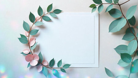 Botanical frame with green leaves and pink flowers mockupの写真素材