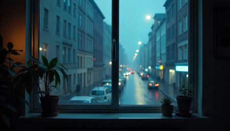 Rainy cityscape viewed from window with plants indoorsの写真素材