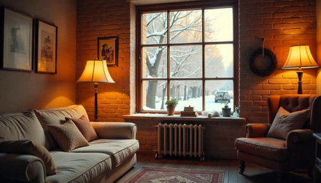 Cozy winter living room interior with snow view outsideの写真素材