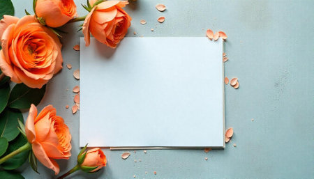 Peach roses and blank card on muted gray backgroundの写真素材