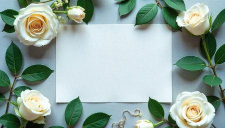 Elegant floral frame with white roses and blank paperの写真素材