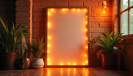 Illuminated frame with houseplants against a brick wall backdropの写真素材