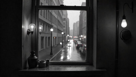 Rainy City Street Seen Through Window, Moody Atmosphereの写真素材