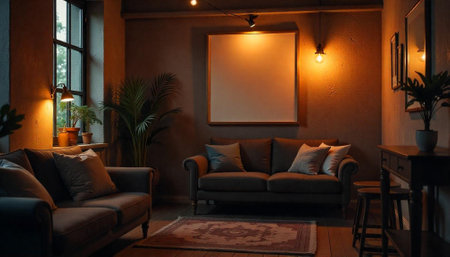 Cozy living room interior with warm lighting and sofaの写真素材