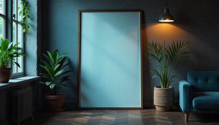Modern minimalist interior with blank poster frame and plantsの写真素材