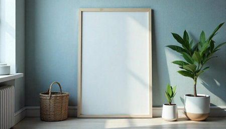 Minimalist frame mockup leaning against wall with plants and basketの写真素材