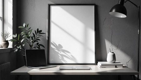 Minimalist workspace featuring a blank frame mockup and laptopの写真素材