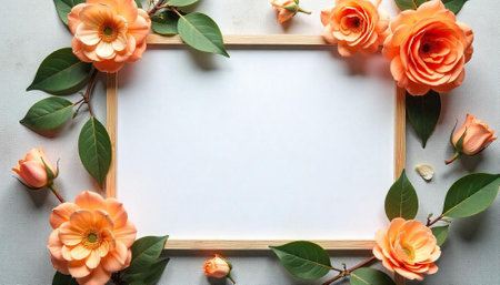 Peach roses and leaves frame a blank white spaceの写真素材
