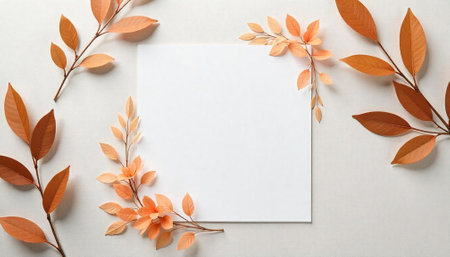 Square mockup with autumn leaf accents and neutral backgroundの写真素材