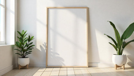 Blank frame with houseplants on floor against white wallの写真素材