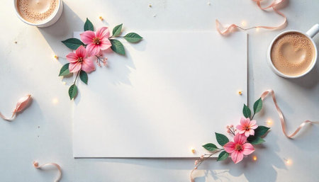 Feminine workspace mockup with coffee and floral decorationsの写真素材