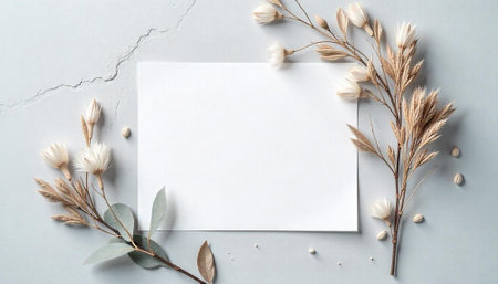 Elegant stationery mockup with delicate flowers and neutral backgroundの写真素材