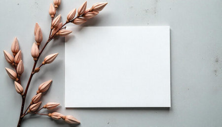 Blank white card with decorative floral twig on gray background