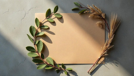 Elegant botanical frame mock-up with green leaves and wheatの写真素材