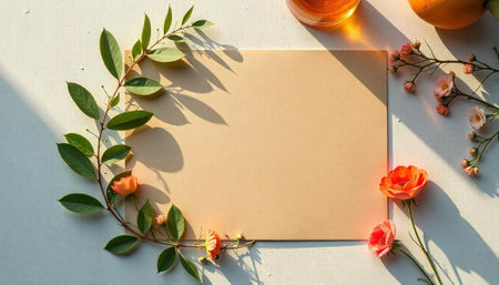 Feminine floral flat lay with blank card and accessoriesの写真素材