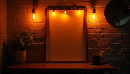 Mockup frame with warm Edison lights on rustic wallの写真素材