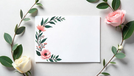 Elegant floral arrangement around a blank white invitation cardの写真素材
