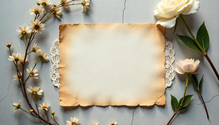Elegant blank parchment with white roses and floral accentsの写真素材