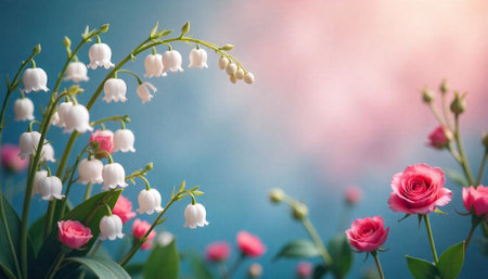 Delicate spring blossoms: Lily of the Valley and rosesの写真素材