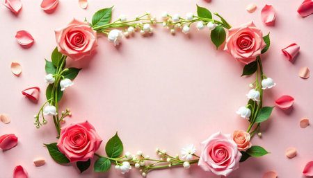 Floral frame with roses and petals on pink backgroundの写真素材