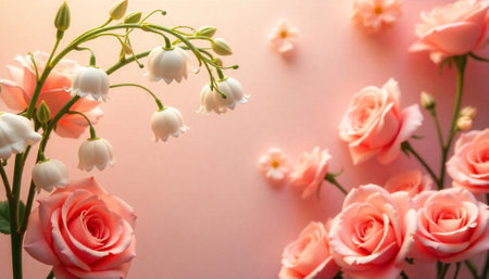 Delicate peach roses and white snowdrop flower arrangementの写真素材