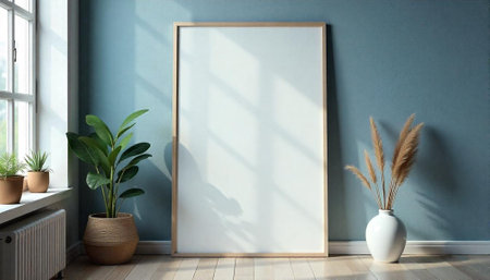 Blank frame mockup with plants against a blue wall