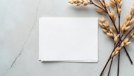 Blank card with dried flower decoration on grey backgroundの写真素材