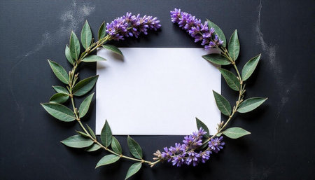 Floral wreath with copy space on dark backgroundの写真素材