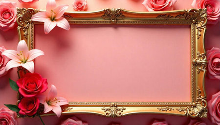 Romantic floral arrangement around ornate gold frame on pinkの写真素材