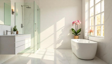 Bright bathroom with natural light and freestanding bathtubの写真素材