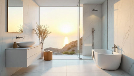 Luxurious bathroom overlooking ocean view with bathtub and sinkの写真素材