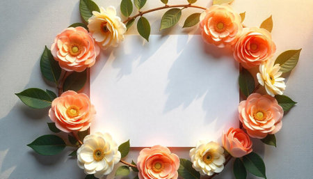 Elegant floral frame with peach and cream blooms on neutral