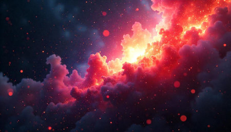 Dramatic red cosmic cloudscape with nebula and stardustの写真素材