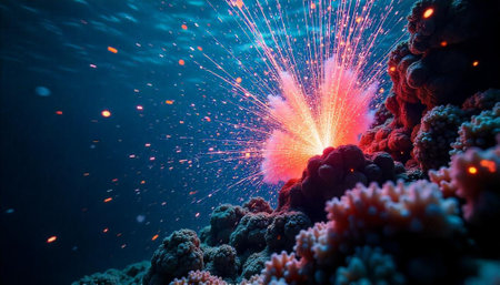 Underwater coral reef with explosion of light and sparksの写真素材