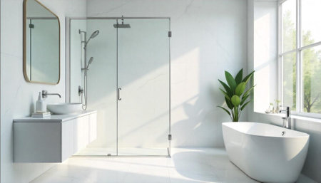 Bright luxurious bathroom interior featuring modern fixtures and marble tile