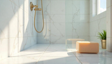 Minimalist bathroom interior with natural light and soap barの写真素材