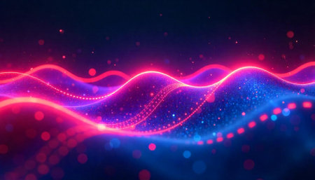 Abstract neon glowing waves on dark gradient background