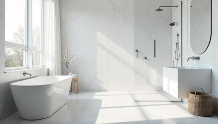 Bright minimalist bathroom interior design with natural light