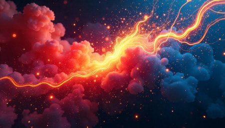 Energetic plasma stream illuminating cosmic clouds with glowing particlesの写真素材