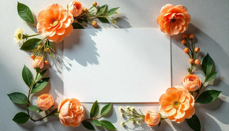 Peach roses arranged around a blank white cardの写真素材
