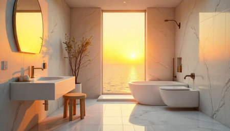 Modern bathroom with ocean view bathed in warm sunlightの写真素材